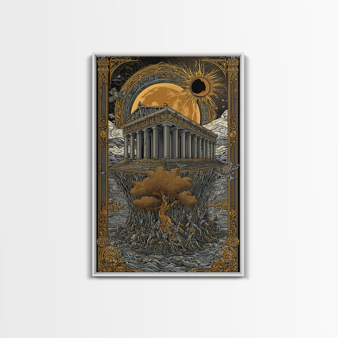 Temple Under Eclipse Sun And Stars, Canvas Gold Canvas Print, Mythical Fantasy Architecture Wall Art, Real Wood Framed Art