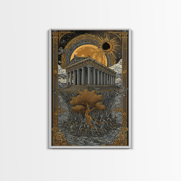 Temple Under Eclipse Sun And Stars, Canvas Gold Canvas Print, Mythical Fantasy Architecture Wall Art, Real Wood Framed Art