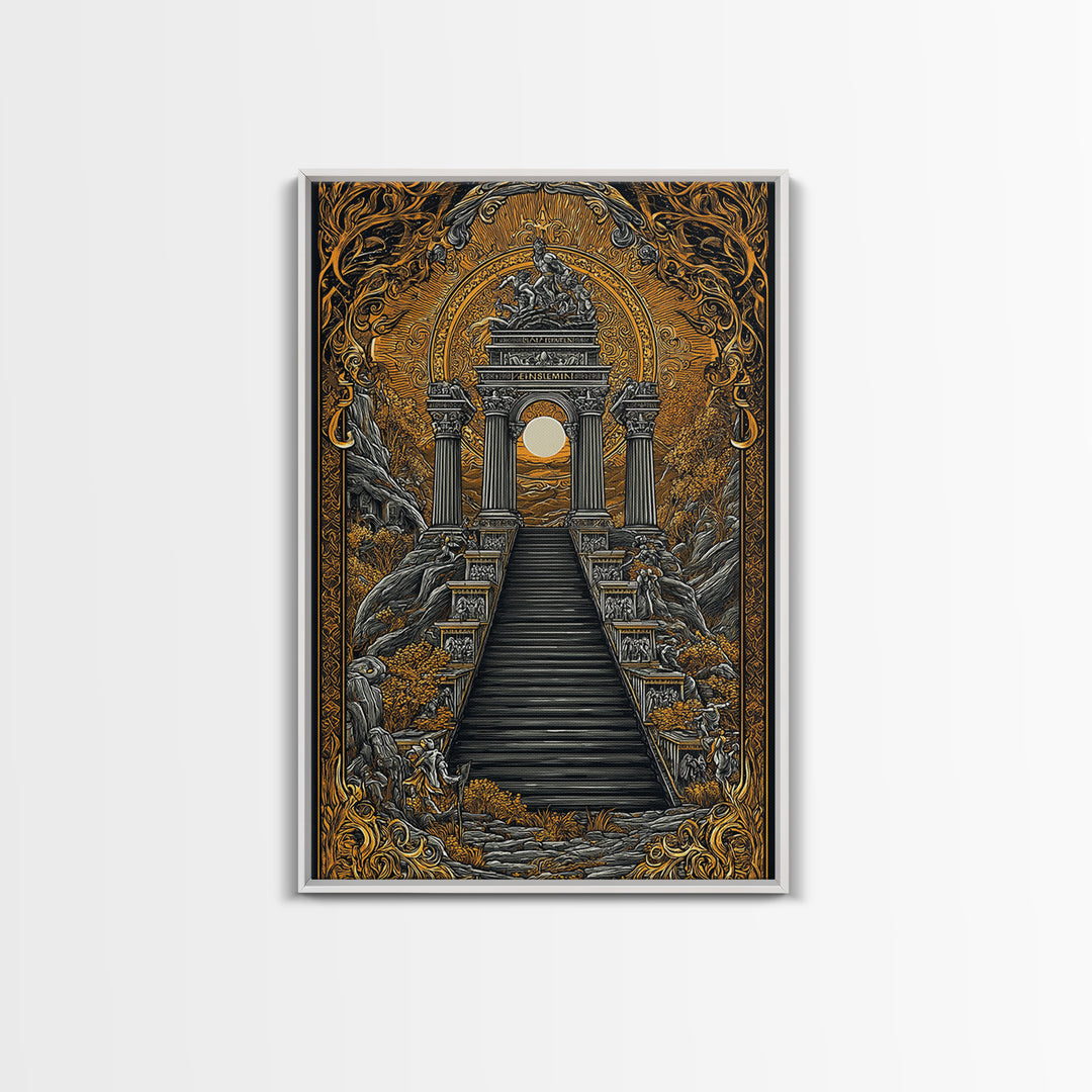 Grand Temple Archway And Stairs, Canvas Gold Canvas Print, Mythical Ancient Architecture Artwork, Real Wood Framed Decor