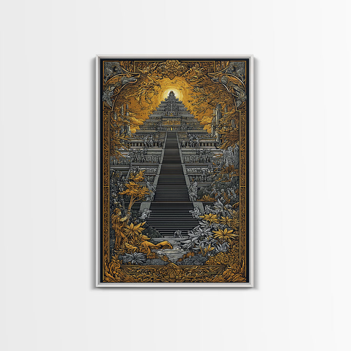 Mythical Ziggurat Sunlit Temple, Canvas Gold Canvas Print, Ancient Fantasy Architecture Wall Art, Real Wood Framed Artwork