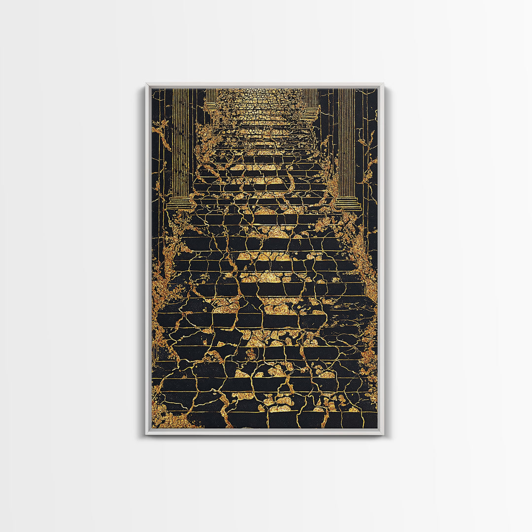 Cracked Marble Golden Stairway, Canvas Gold Art, Mythical Abstract Architecture Artwork, Real Wood Framed Wall Decor
