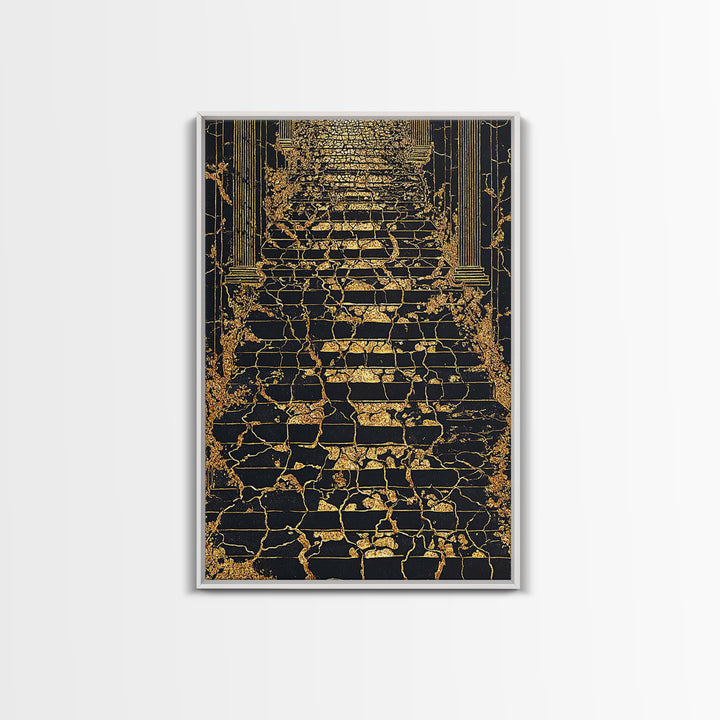 Cracked Marble Golden Stairway, Canvas Gold Art, Mythical Abstract Architecture Artwork, Real Wood Framed Wall Decor