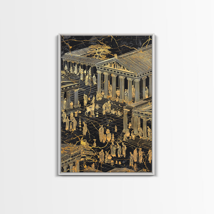 Ancient Marketplace With Temples, Canvas Gold Canvas Print, Classical Greek Architecture Wall Art, Real Wood Framed Decor