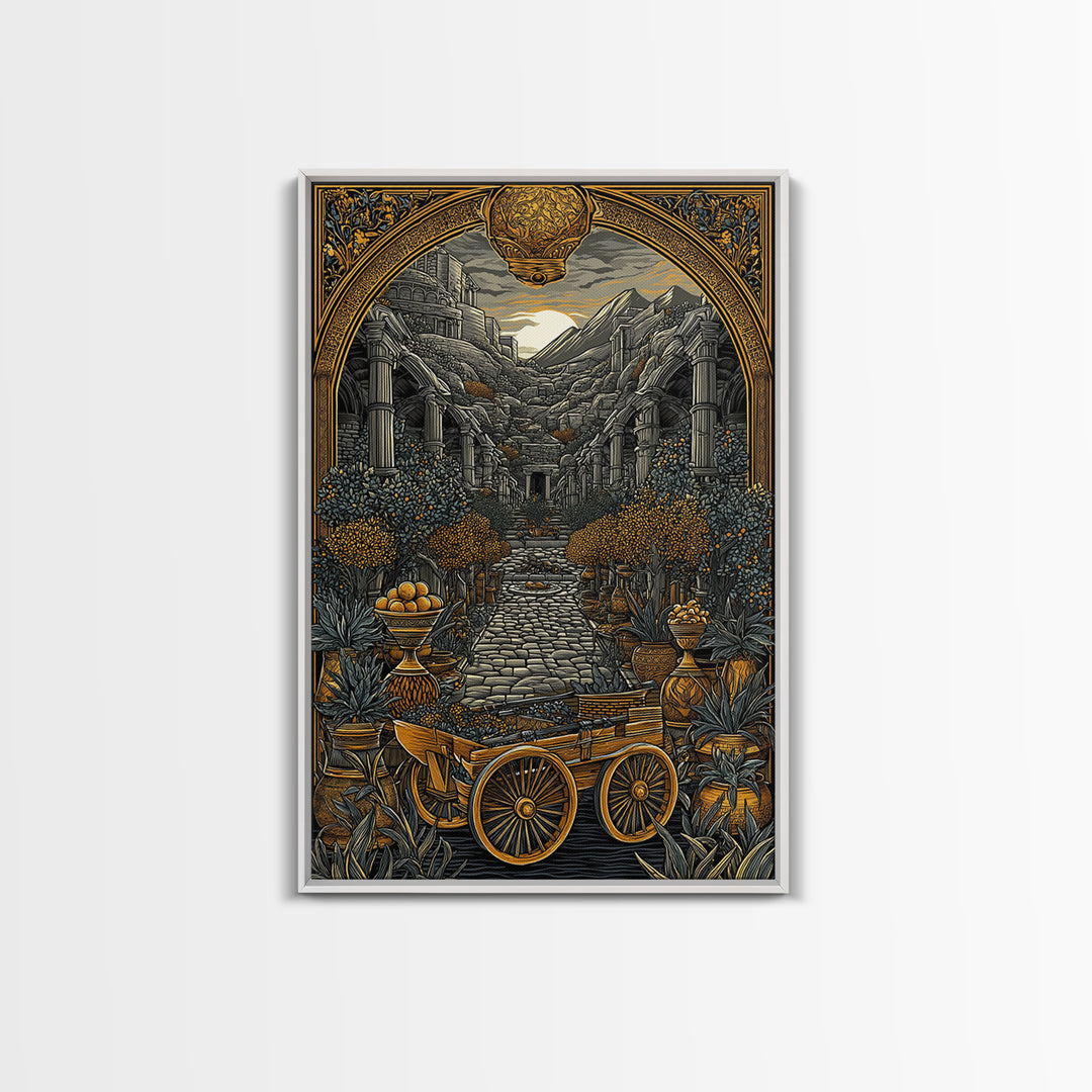 Ancient Courtyard With Columns And Citrus Trees, Canvas Gold Canvas Print, Mythical Garden Wall Art, Real Wood Framed Decor