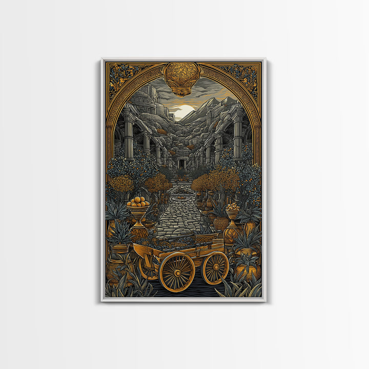Ancient Courtyard With Columns And Citrus Trees, Canvas Gold Canvas Print, Mythical Garden Wall Art, Real Wood Framed Decor