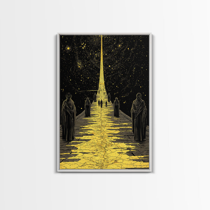 Celestial Path Of Golden Light, Canvas Gold Art, Mystical Night Sky Fantasy Print, Real Wood Framed Wall Artwork
