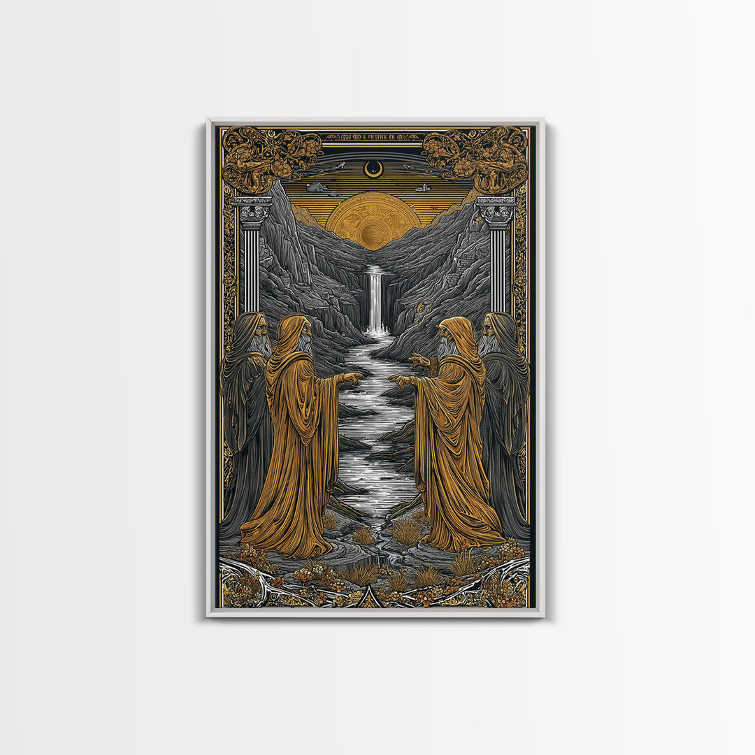 Golden Sun Over Waterfall Valley, Canvas Gold Canvas Print, Mythical Landscape Fantasy Art, Real Wood Framed Wall Decor