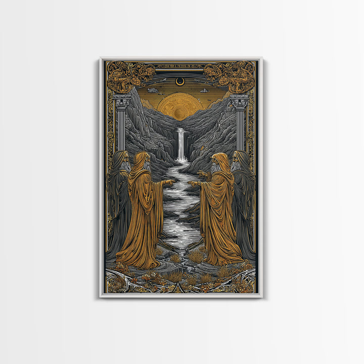 Golden Sun Over Waterfall Valley, Canvas Gold Canvas Print, Mythical Landscape Fantasy Art, Real Wood Framed Wall Decor