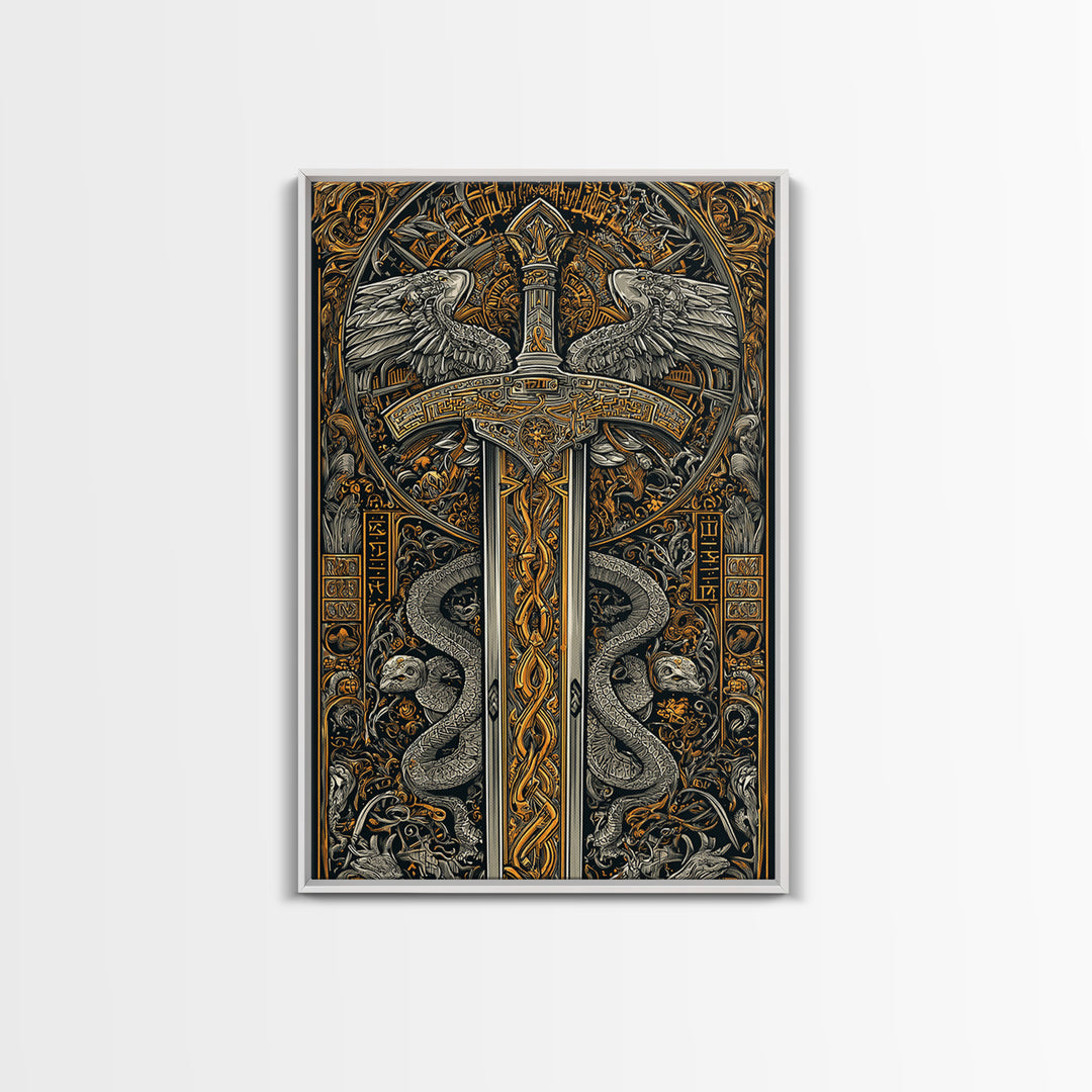 Ornate Sword With Serpents And Wings, Canvas Gold Canvas Print, Medieval Fantasy Wall Art, Real Wood Framed Artwork