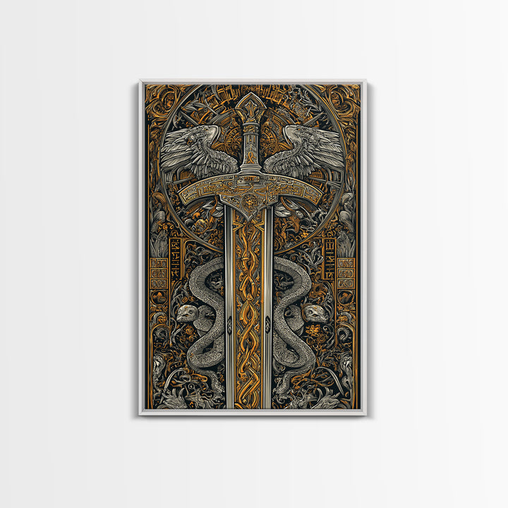 Ornate Sword With Serpents And Wings, Canvas Gold Canvas Print, Medieval Fantasy Wall Art, Real Wood Framed Artwork