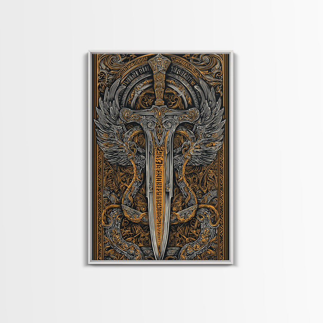 Winged Sword Surrounded By Dragons, Canvas Gold Art, Medieval Fantasy Canvas Print, Real Wood Framed Mythical Decor