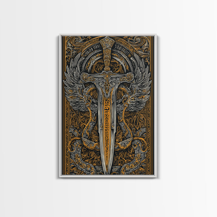 Winged Sword Surrounded By Dragons, Canvas Gold Art, Medieval Fantasy Canvas Print, Real Wood Framed Mythical Decor