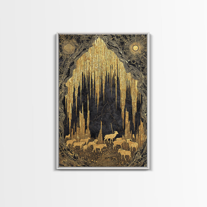 Golden Cave With Mountain Goats, Canvas Gold Canvas Print, Mythical Nature Landscape Art, Real Wood Framed Wall Decor