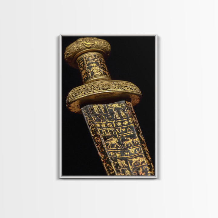 Ancient Sword With Etched Symbols, Canvas Gold Canvas Print, Mystical Weaponry Wall Art, Real Wood Framed Artwork