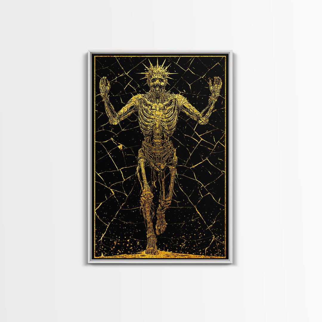 Golden Skeleton With Radiant Crown, Canvas Gold Art, Mythical Dark Fantasy Wall Print, Real Wood Framed Decor