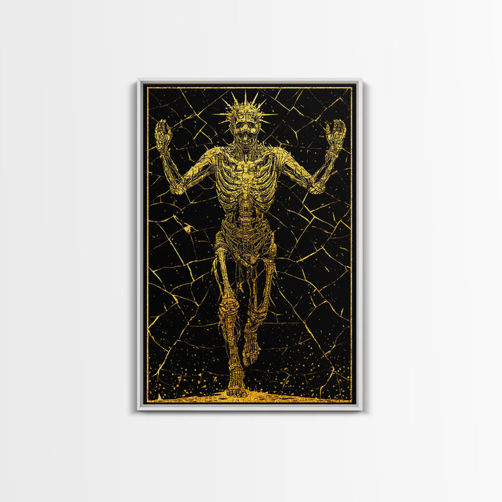 Golden Skeleton With Radiant Crown, Canvas Gold Art, Mythical Dark Fantasy Wall Print, Real Wood Framed Decor