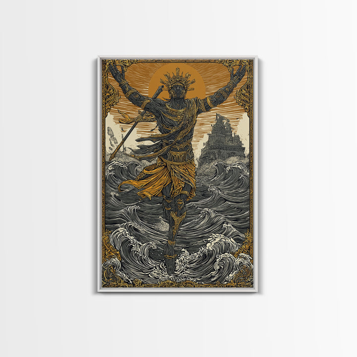 Sea God Statue Rising From Waves, Canvas Gold Canvas Print, Mythical Ocean Fantasy Wall Art, Real Wood Framed Decor