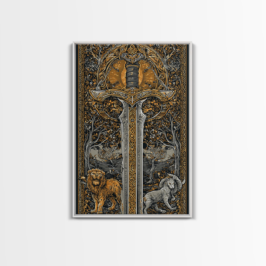 Sword With Lion And Ram Guardians, Canvas Gold Canvas Print, Mythical Medieval Wall Art, Real Wood Framed Fantasy Decor