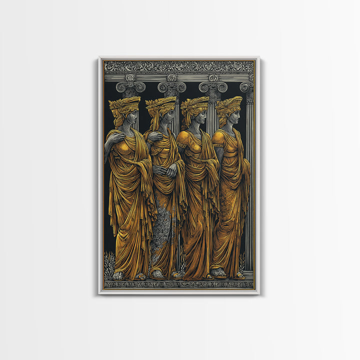 Ancient Greek Caryatids Canvas Gold Canvas Print, Classical Architecture Wall Art, Real Wood Frame Home Decor