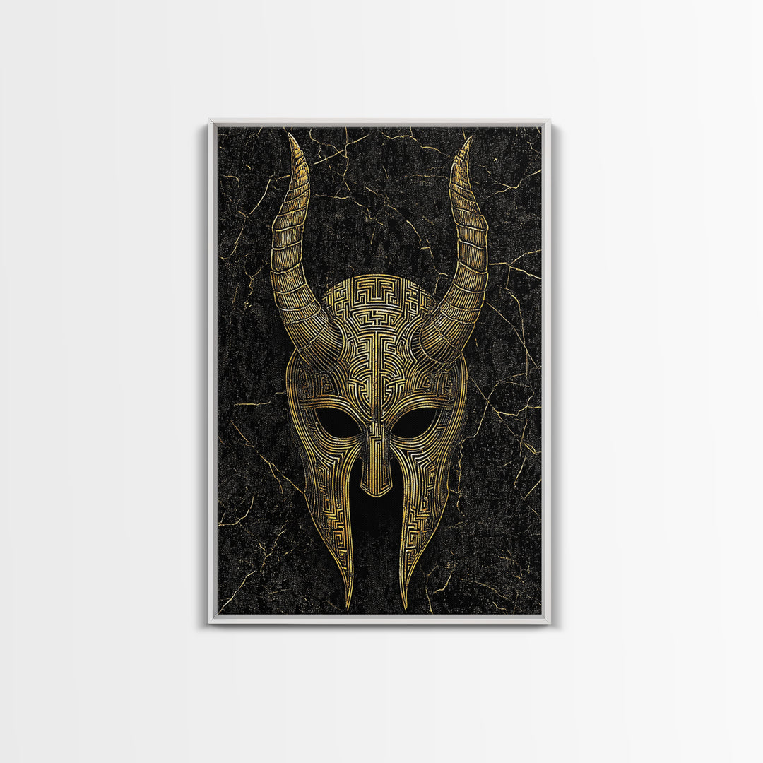 Horned Spartan Helmet Canvas Gold Art, Mythology Warrior Canvas Print, Real Wood Frame Greek Wall Decor
