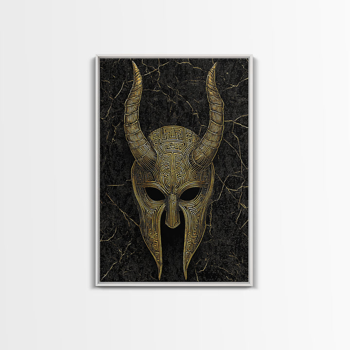 Horned Spartan Helmet Canvas Gold Art, Mythology Warrior Canvas Print, Real Wood Frame Greek Wall Decor