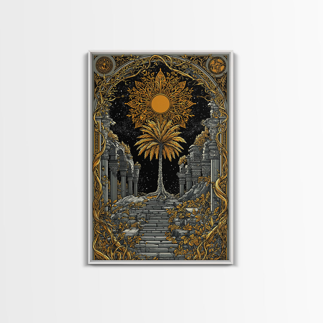 Golden Sun And Palm Canvas Gold Canvas Print, Mythical Ruins Wall Art, Real Wood Frame Ancient Greece Decor