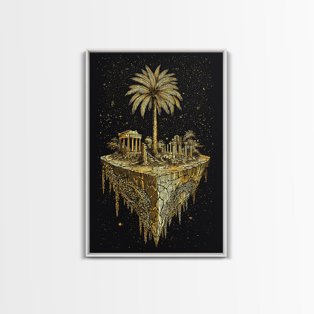 Floating Island Ruins Canvas Gold Art, Ancient Greek Temple Canvas Print, Real Wood Frame Mythology Decor