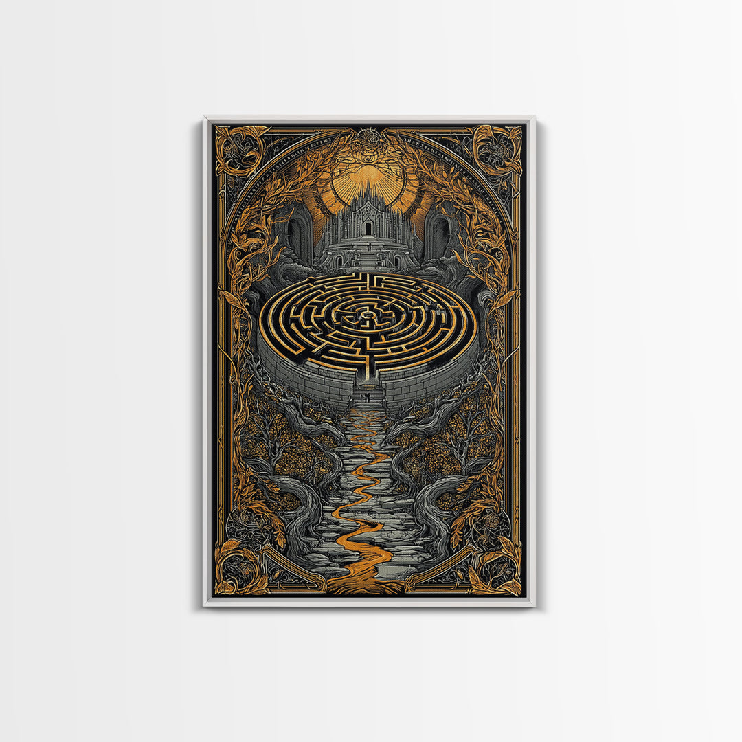 Labyrinth Path Canvas Gold Canvas Print, Ancient Maze Wall Art, Real Wood Frame Mythology Inspired Decor
