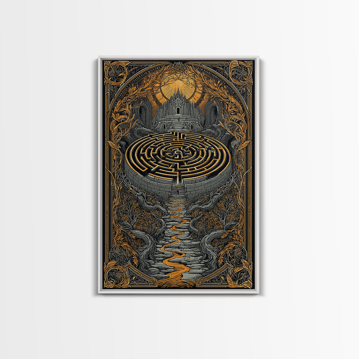Labyrinth Path Canvas Gold Canvas Print, Ancient Maze Wall Art, Real Wood Frame Mythology Inspired Decor