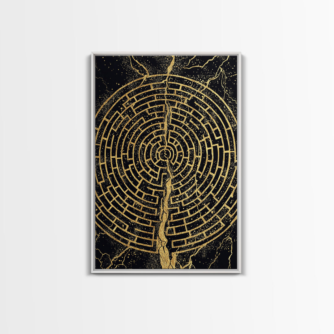 Circular Labyrinth Canvas Gold Art, Ancient Greek Maze Canvas Print, Real Wood Frame Mythology Wall Decor