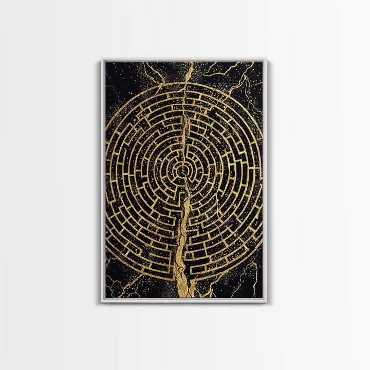 Circular Labyrinth Canvas Gold Art, Ancient Greek Maze Canvas Print, Real Wood Frame Mythology Wall Decor