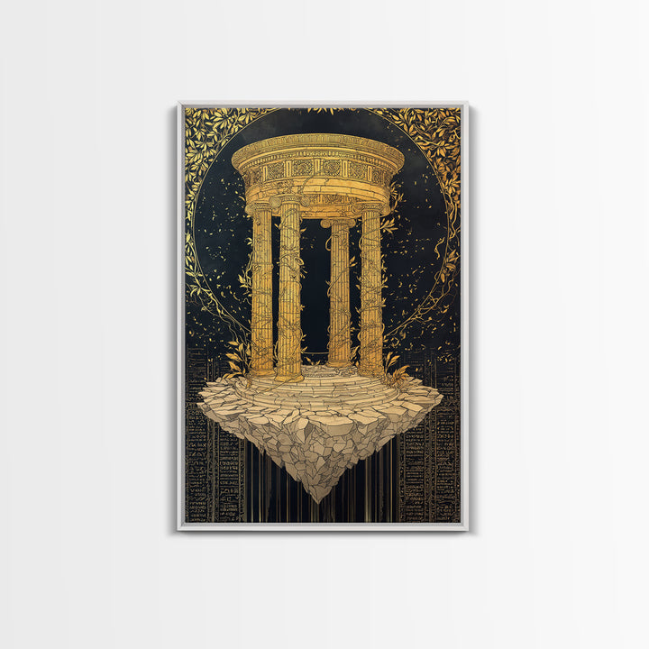 Floating Temple Canvas Gold Canvas Print, Classical Architecture Art, Real Wood Frame Ancient Greece Decor