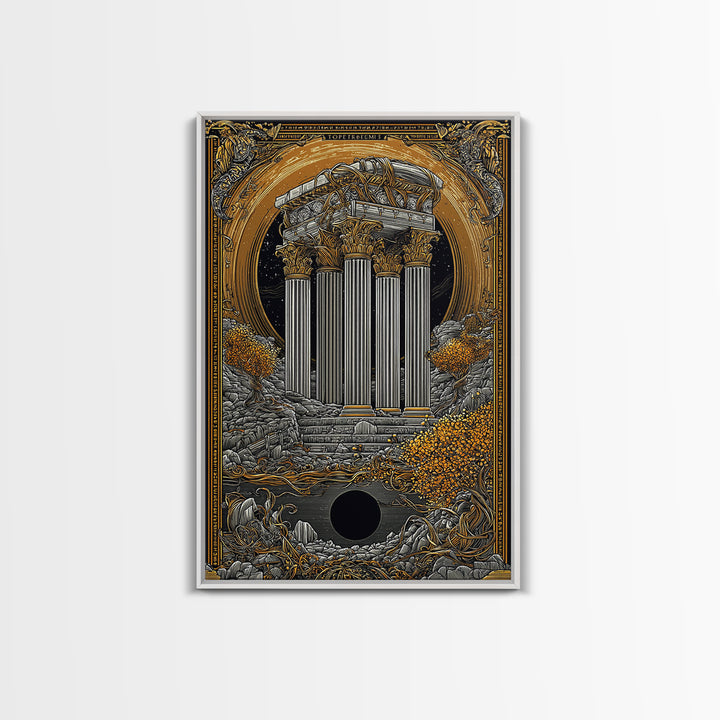 Ancient Greek Columns Canvas Gold Art, Ruins Wall Decor Canvas Print, Real Wood Frame Classical Architecture