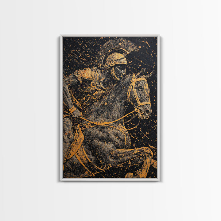 Spartan Horseback Warrior in Motion – Canvas Gold Art, Splatter Style Canvas Art, Ancient Greek Military Wall Decor