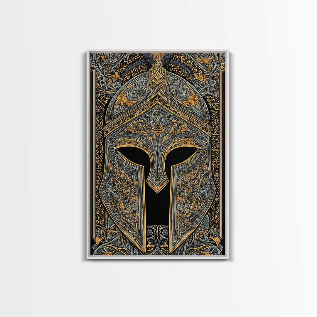 Runic-Inspired Spartan Helmet in Regal Filigree – Canvas Gold Art, Real Wood Framed Canvas Art, Ancient Warrior Wall Feature