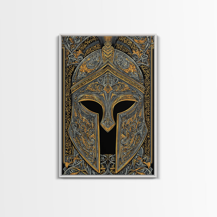 Runic-Inspired Spartan Helmet in Regal Filigree – Canvas Gold Art, Real Wood Framed Canvas Art, Ancient Warrior Wall Feature