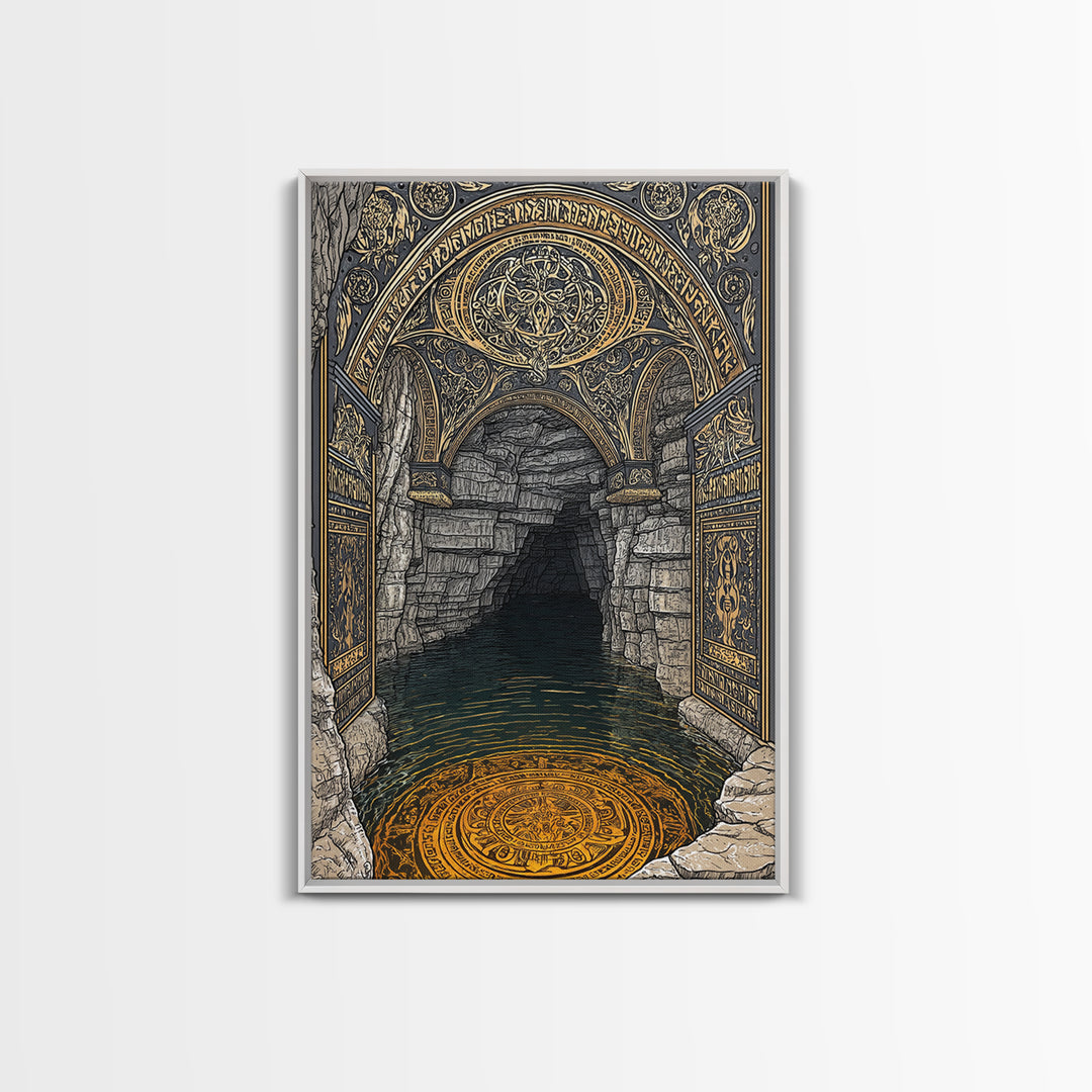 Golden Cave Entrance Canvas Gold Canvas Print, Mythology Inspired Wall Art, Real Wood Frame Ancient Greece Decor