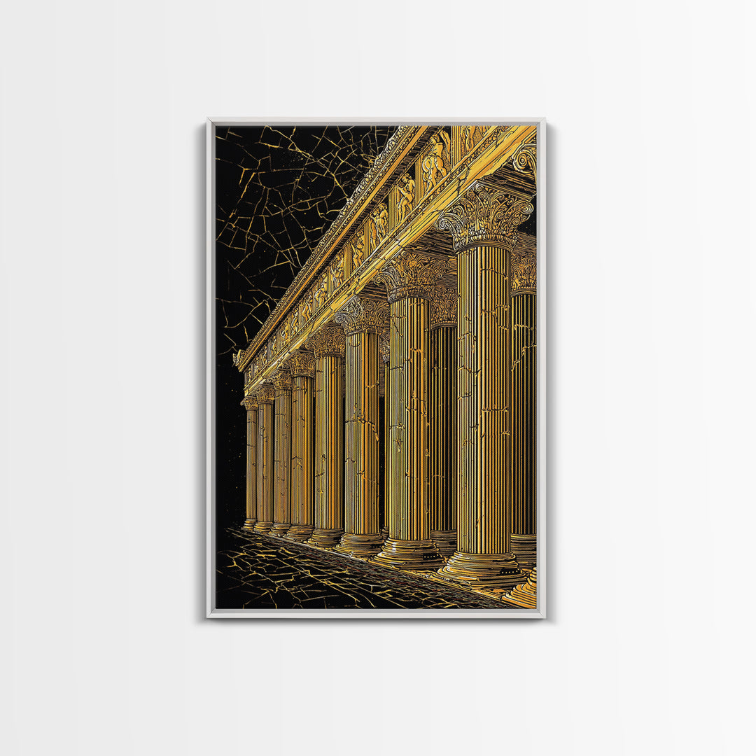 Ancient Parthenon Columns Canvas Gold Art, Classical Ruins Wall Decor, Real Wood Frame Canvas Print Decor