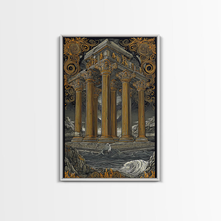 Temple Of The Gods, Mythological Architecture, Canvas Gold Canvas Print, Real Wood Frame Wall Art