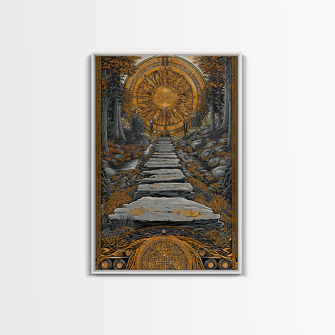 Celestial Gate, Mystical Sun Mandala, Path Of Light, Canvas Gold Canvas Print, Real Wood Frame Wall Art