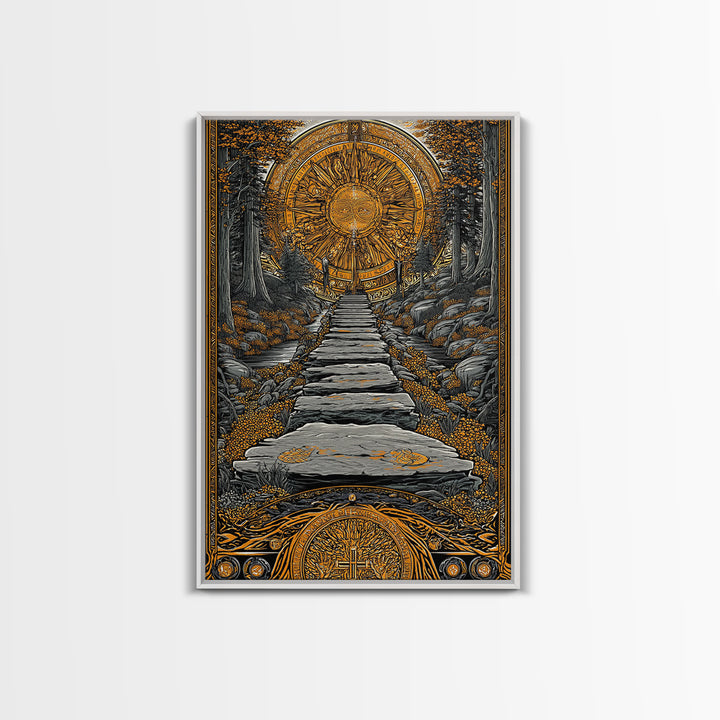 Celestial Gate, Mystical Sun Mandala, Path Of Light, Canvas Gold Canvas Print, Real Wood Frame Wall Art