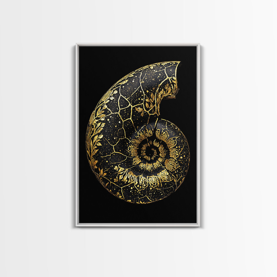 Golden Nautilus Fossil, Nature Inspired Abstract, Canvas Gold Canvas Print, Real Wood Frame Wall Art