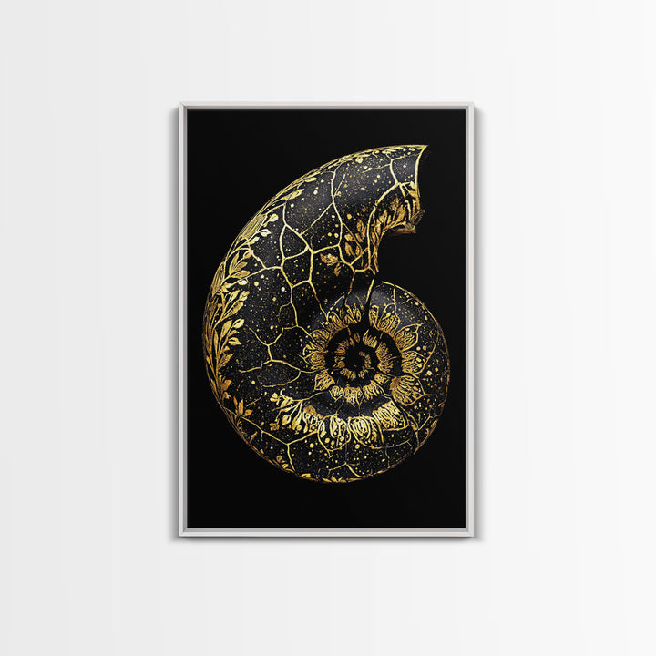Golden Nautilus Fossil, Nature Inspired Abstract, Canvas Gold Canvas Print, Real Wood Frame Wall Art
