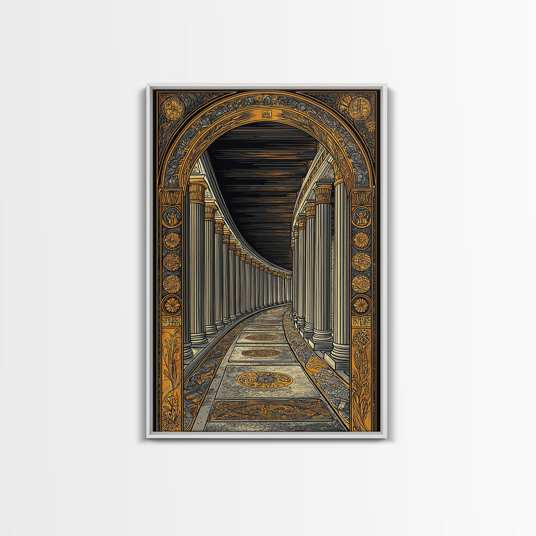 Endless Colonnade, Ancient Architecture Corridor, Canvas Gold Canvas Print, Real Wood Frame Wall Art
