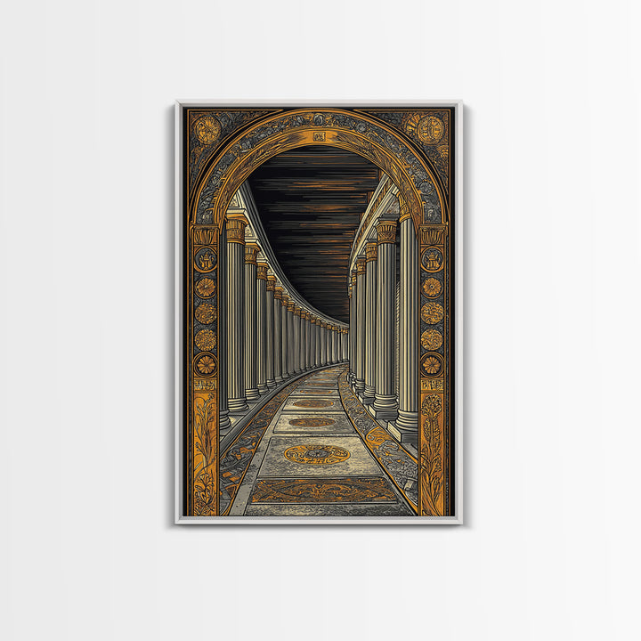 Endless Colonnade, Ancient Architecture Corridor, Canvas Gold Canvas Print, Real Wood Frame Wall Art