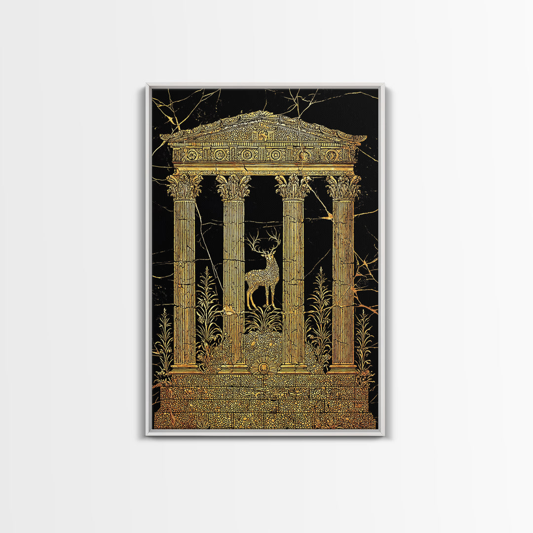 Stag At The Temple, Mythic Nature Scene, Canvas Gold Canvas Print, Real Wood Frame Wall Art