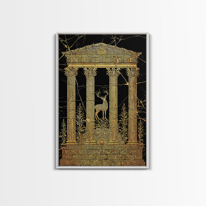 Stag At The Temple, Mythic Nature Scene, Canvas Gold Canvas Print, Real Wood Frame Wall Art