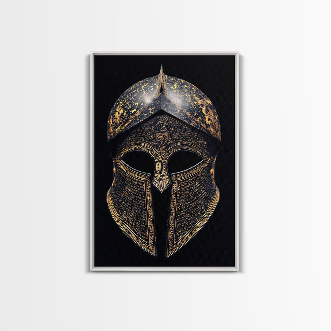 Ancient Greek Helmet with Cracked Texture and Text – Canvas Gold Art, Real Wood Frame Canvas Art, Historical Spartan Wall Decor