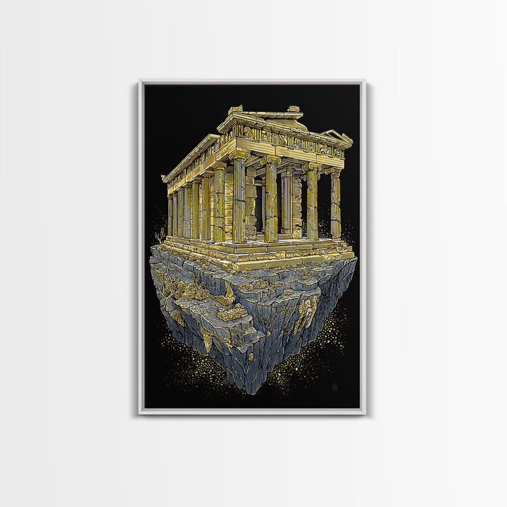 Floating Ancient Temple, Surreal Greek Ruins, Canvas Gold Canvas Print, Real Wood Frame Wall Art