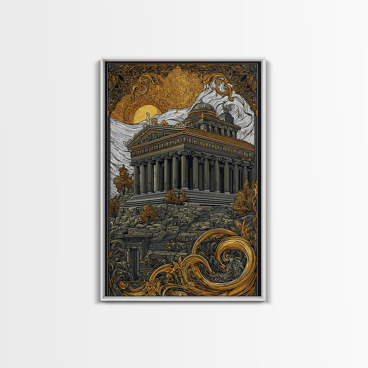 Greek Temple At Sunset, Ancient Architecture Wall Art, Canvas Gold Canvas Print, Mythology Home Decor, Wood Frame